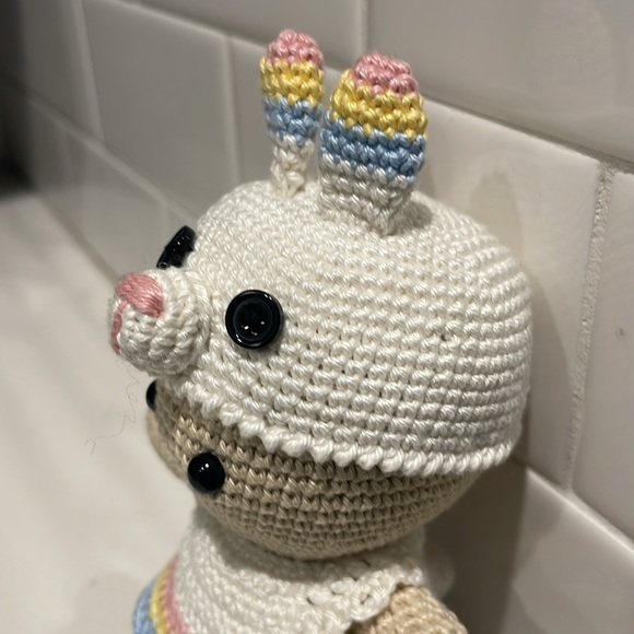 Handcrafted Doll in Bunny Rabbit Dress Easter Holiday Decor Crochet Toy Spring - Picture 6 of 12